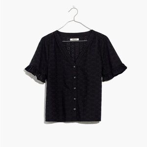 Madewell Black Eyelet Floral Village Ruffle Sleeve Top LARGE